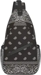 Bandana Black Paisley Bandana Sling Bag Crossbody Chest Daypack Lightweight Canvas Backpack Shoulder Bag for Adult Travel Hiking