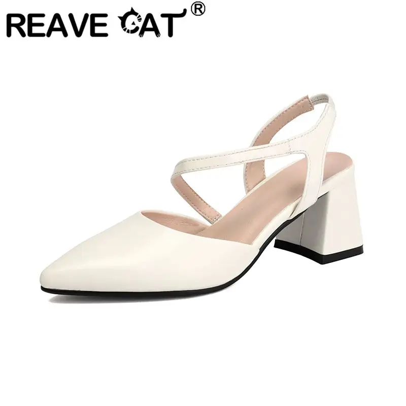 

REAVE CAT White Women Sandals Pointed Toe 6.5cm Block Heel Slip On Large Size 41 42 43 Sweet Office Lady Shoes Handmade Footwear