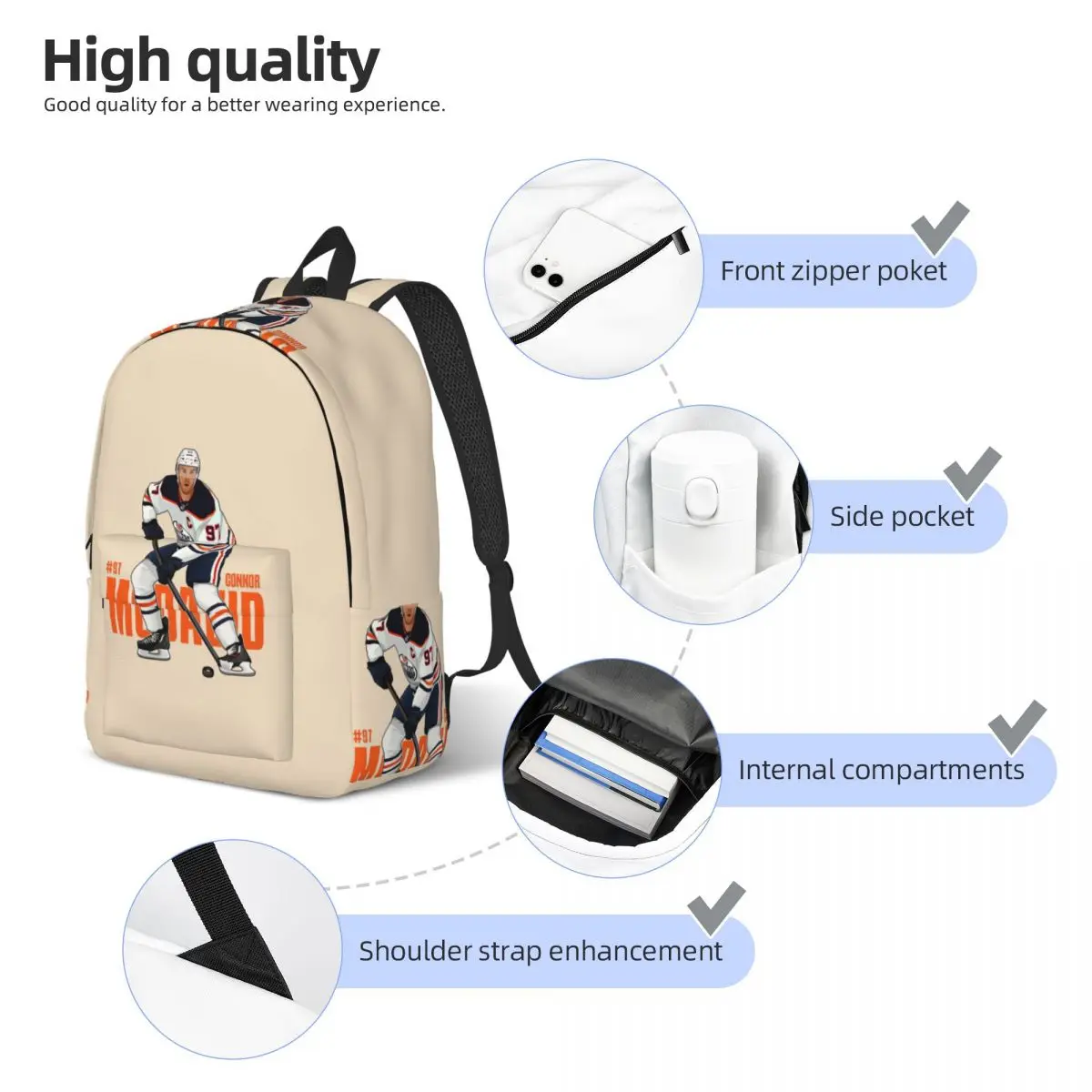 Connor McDavid For Edmonton Oilers Fans Student Backpack School Bag Hiking Travel Daypack for Boys Girls Bookbag Shoulder Bags