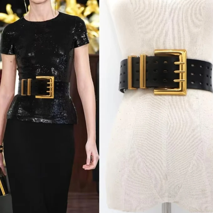 Lady's High Quality Three-Row Needle Belt Seal, Leather Belts with Wide Eye, Pure Cowhide Bronze Buckle