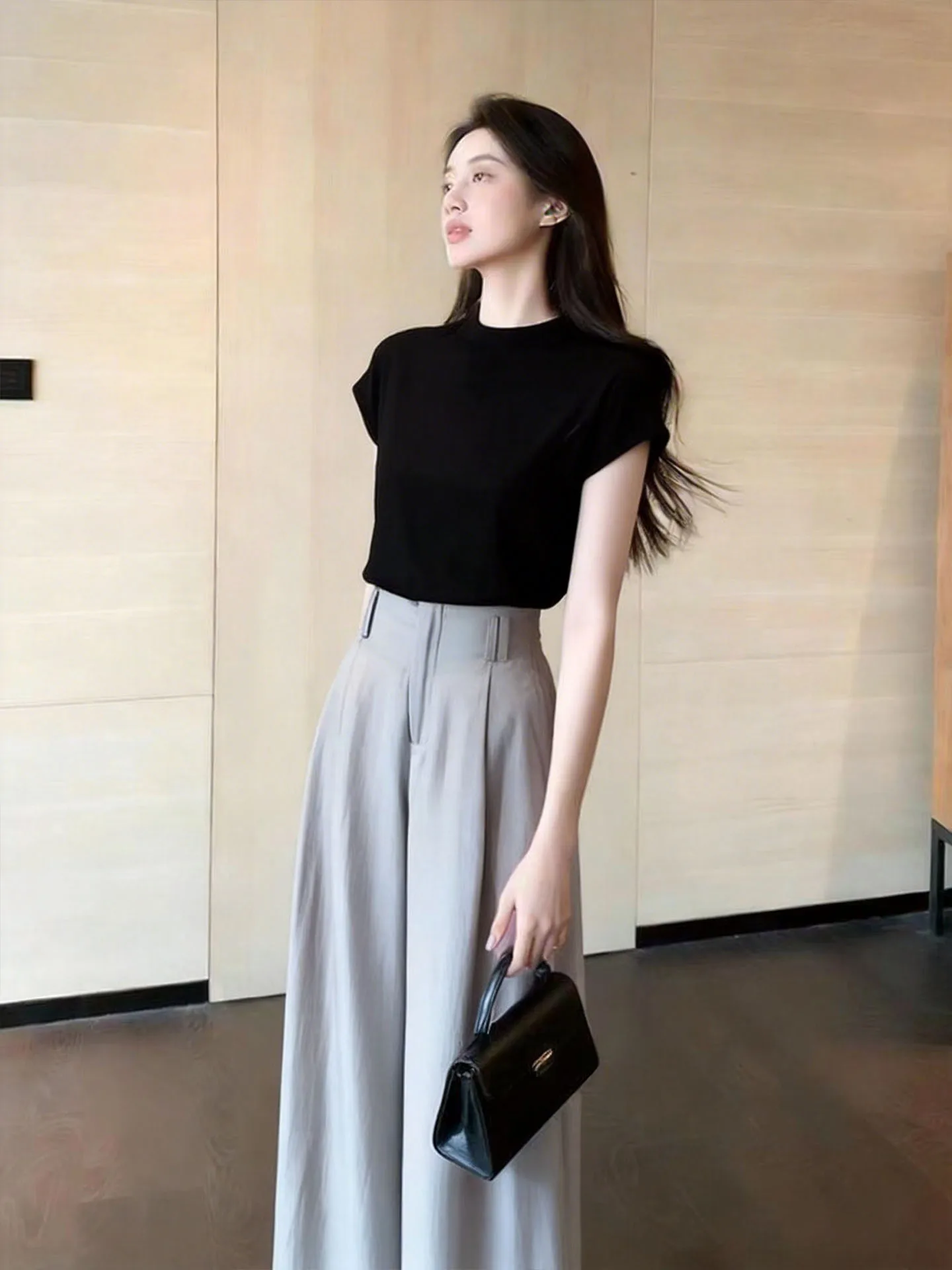 

Ele Bla T-irt Wide Leg Pants Two-Piece Set Spring 2026 Faionable Busin Casual Women's Outfit High Waist Trousers
