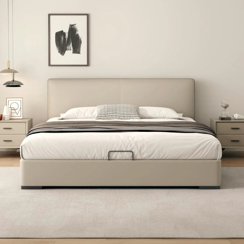 イタリアのミニマリストレザーベッド、モダンミニマリストマスターベッドルームウェディングベッド