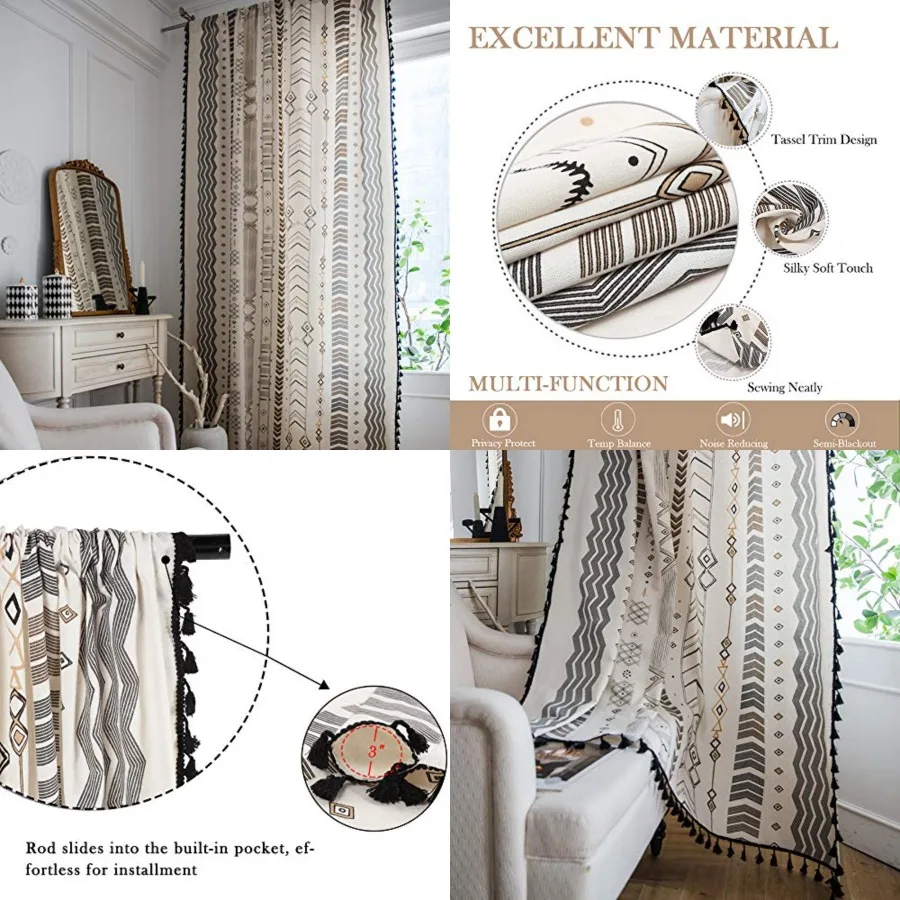 

Boho Curtains 2 Panels Aztec Western Semi-out Patterned Rod Pocket Window Treatment Decorative Drapes with Tassels for Living B