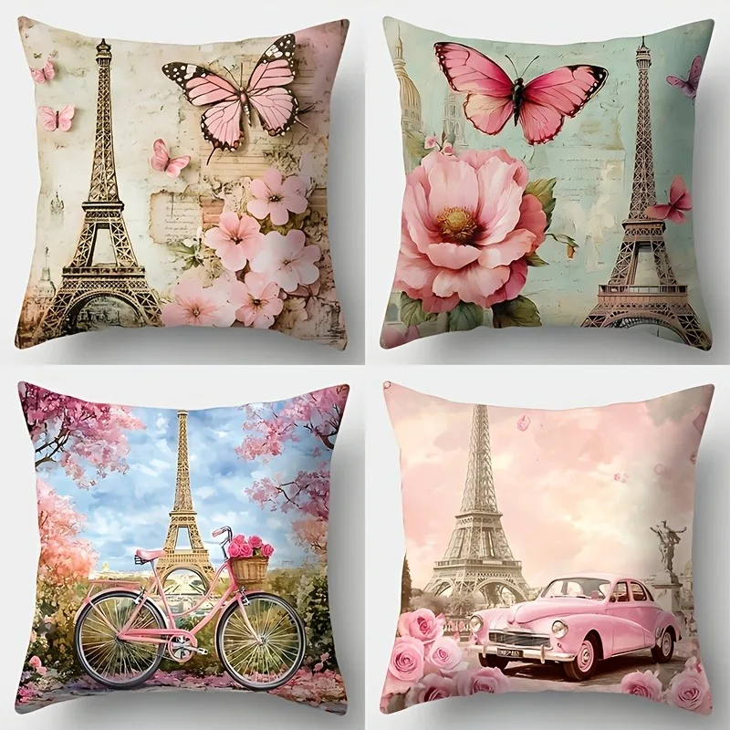 Romantic Paris Eiffel Tower & Pink Car PillowcaseLiving room sofa cushion cover, soft and comfortable, bedroom room decoration