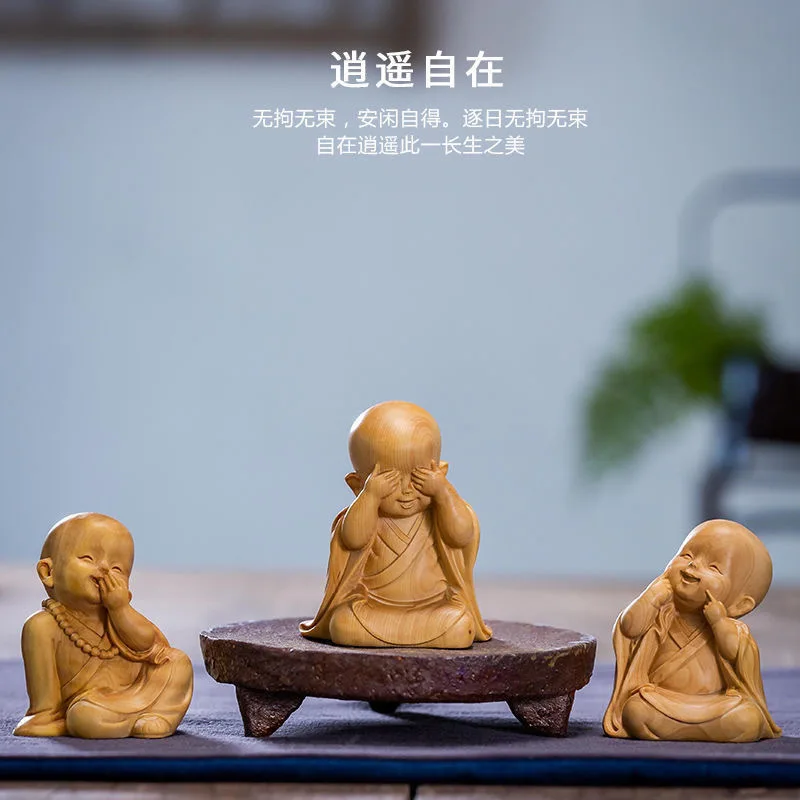 

Taihang Thuja Sutchuenensis Three No Monk Decoration Cute Samanera Solid Wood Carving Crafts Desktop Accessories Creative Gift