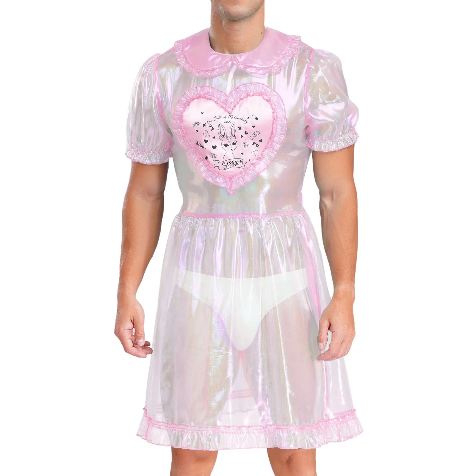 

Men Adult Organza Dress See Through Glossy Cute Collar Puff Sleeve Flare A-line Dress Corssdress Gays Dating Role Play Nightwear