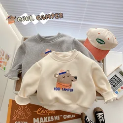 2024 Winter New Children Cartoon Print Fleece Sweatshirt Boys Plus Velvet Thick Pullover Baby Girls Warm Tops Kids Clothes