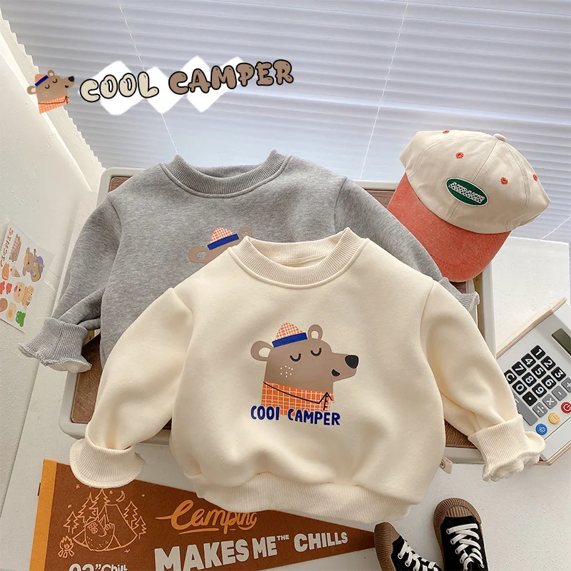 2025 Winter New Children Cartoon Print Fleece Sweatshirt Boys Plus Velvet Thick Pullover Baby Girls Warm Tops Kids Clothes