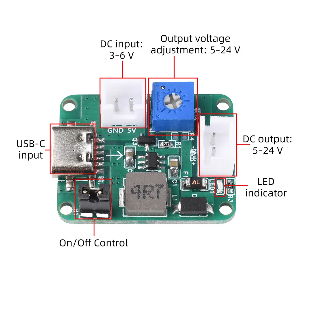 Mini adjustable boost module, DC 3-6V, dual input to 5V, 9V, 12V, 24V output, switch control, short circuit protection