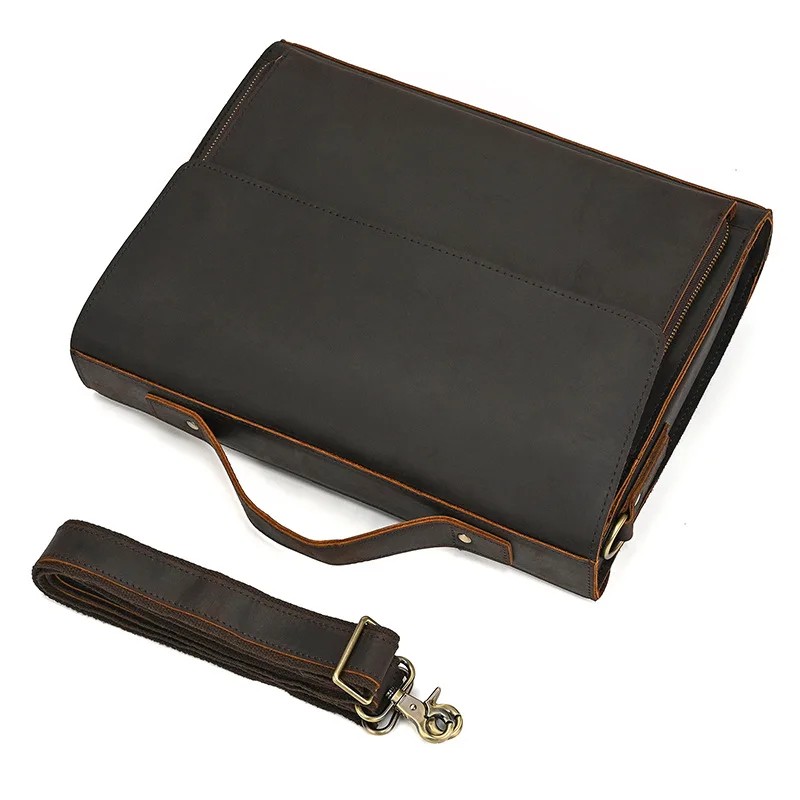 Men's Genuine Leather Shoulder Bag Crazy Horse Flip Crossbody Bag 13 Inch Business Tote Commuting Man Bag