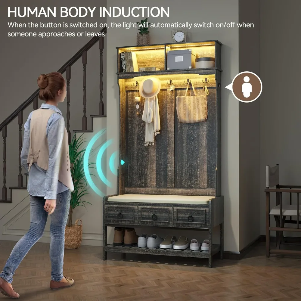 "مقعد مدخل على طراز المزرعة مقاس 67 بوصة مع مساحة تخزين للأحذية، ورف معطف خشبي بمستشعر تلقائي، وإضاءة LED"