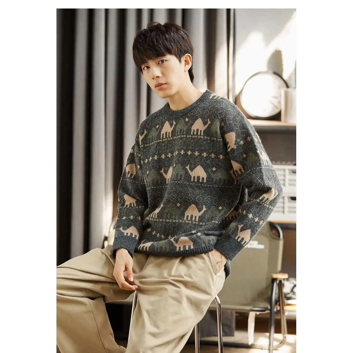 

Мужской вязаный свитер Thiened, осень-зима, новый модный свободный ретро японский универсальный вязаный свитер на молнии