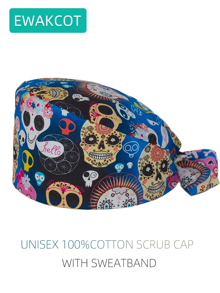 Nieuwe chirurgische pet met schedel bedrukt Verstelbare scrubhoed Schoonheidssalon Werkkap Laboratorium Dierenwinkel Tandheelkundige kliniek Verpleging Scrub Cap