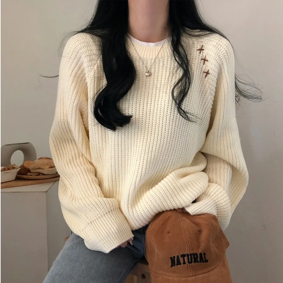 

Korean Sle Long Sve Handmade Knitted Sweater Women's round Ne Color Commute Versatile Overhead Sweater