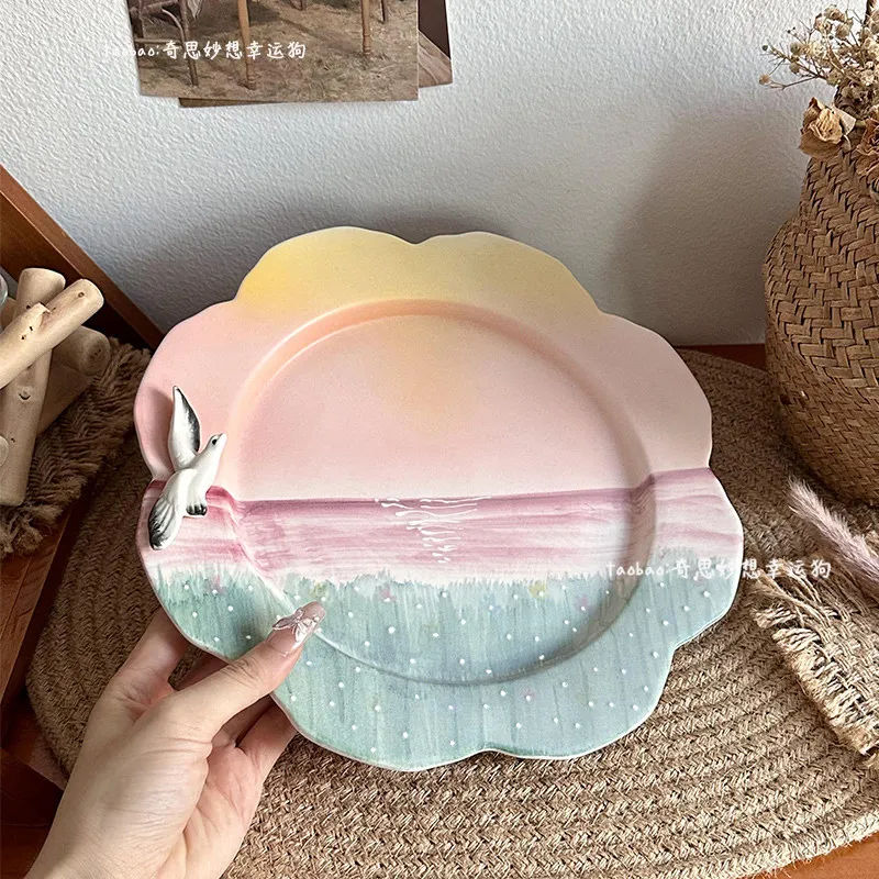 Ceramic Plate 3D Dove Decoration Sunset Sea View Pattern Appearance Level Hand Painting Plate Kitchen Creative Multipurpose Disk