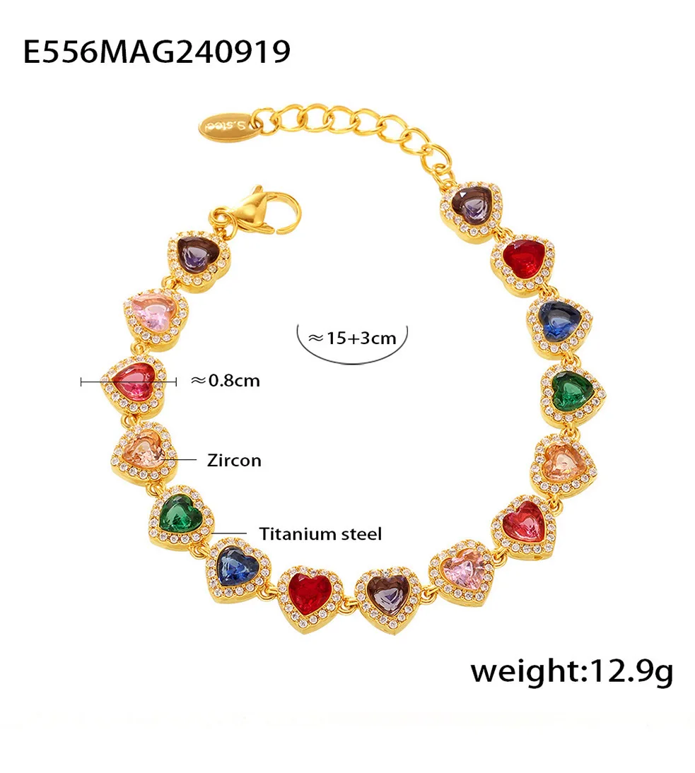 Farbiges Zirkonia-Herzarmband für Damen aus 316 Edelstahl, Vergoldet, Luxuriöser Armreif, Damen-Charm-Schmuck-Accessoires – Detail 6
