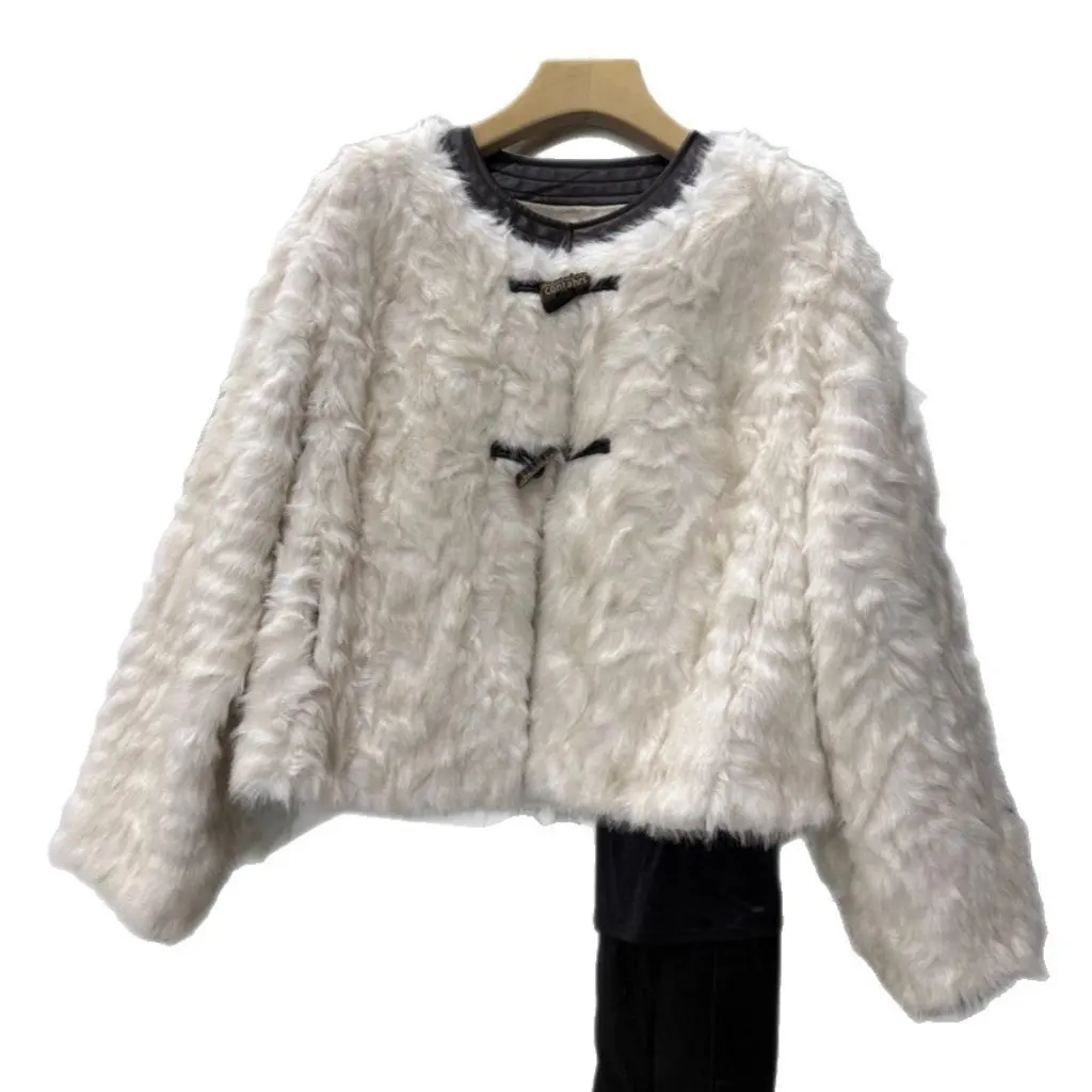 

Warm Fashionable Anti-Aging French Design Round Neck Lamb Fur Jacket Elegant Ladylike Style Autumn Winter Outerwear Coat