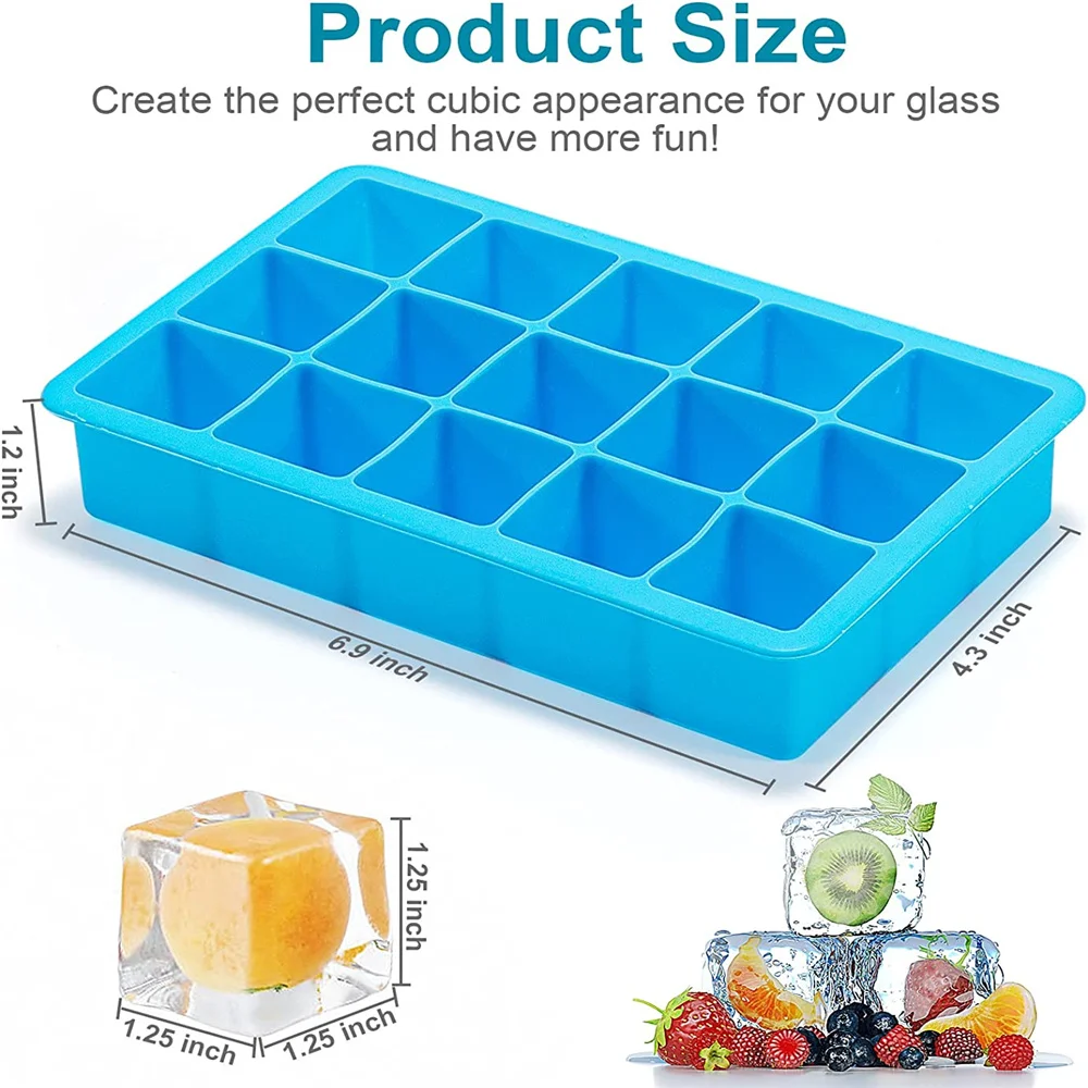 15 Grid Silicone Ice Cube Mold Big Square Ice Cube Tray Mold Ice Cube Maker Non-toxic Durable Bar Pub Wine Ice Blocks Maker