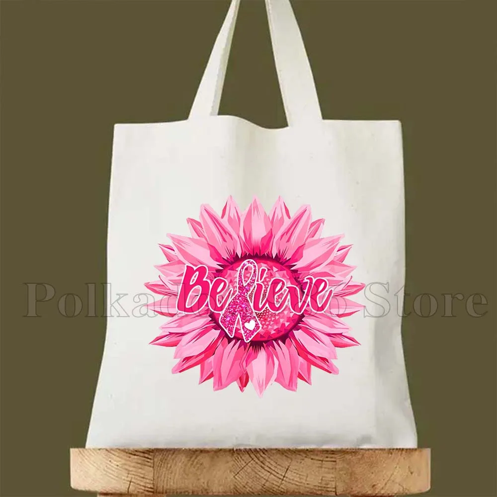 여성 유방암 핑크 리본 인식 캔버스 숄더 토트 백 하라주쿠 핸드백 에코 쇼퍼 재사용 가능한 접이식 쇼핑백