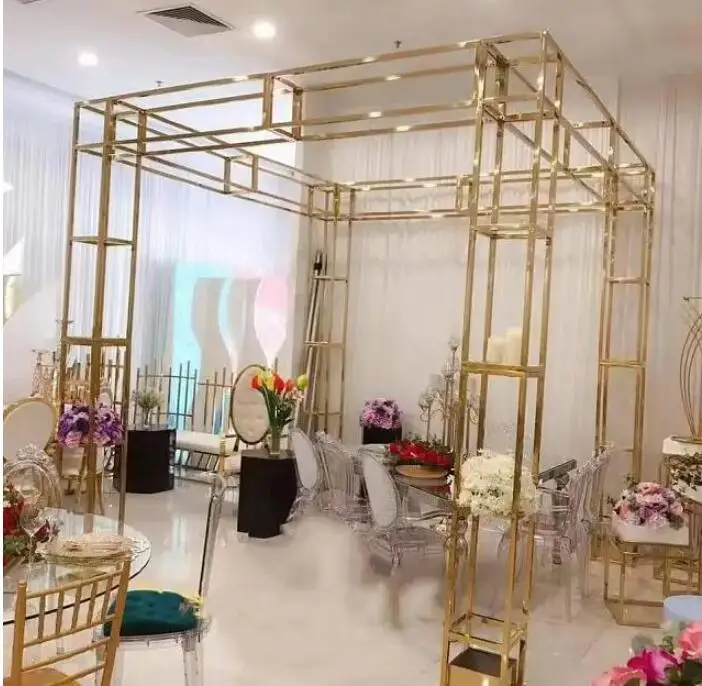 Vertical decorative frame of arch ceremony Pavilion in shining gold wedding square