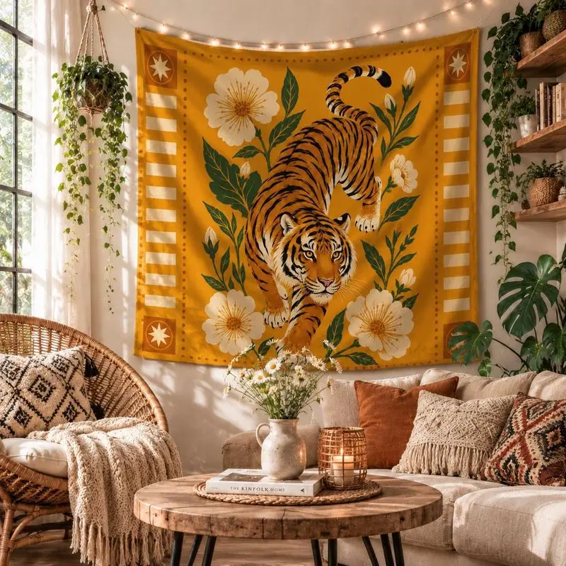 VIKAMA Wall Tapestry Boho Tiger Flowers Orange Art Print Wall Hanging Home Decor Living Room Bedroom Aesthetic Natural Vintage