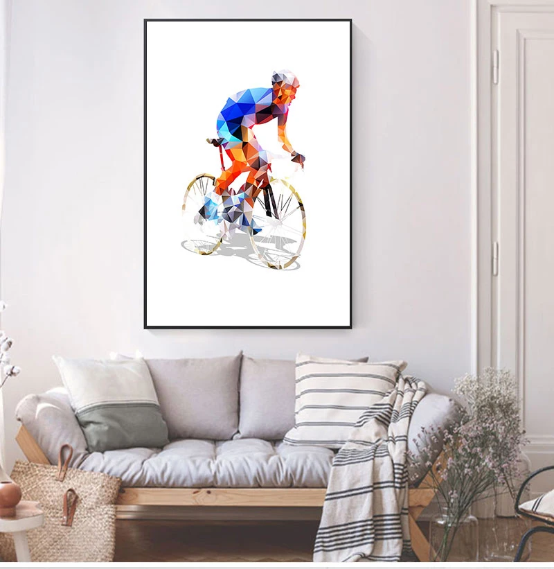 Abstract Geometrical Polygonal Cyclist Canvas Art Print Wall Pictures , Cycling Canvas Painting Poster Wall Decor