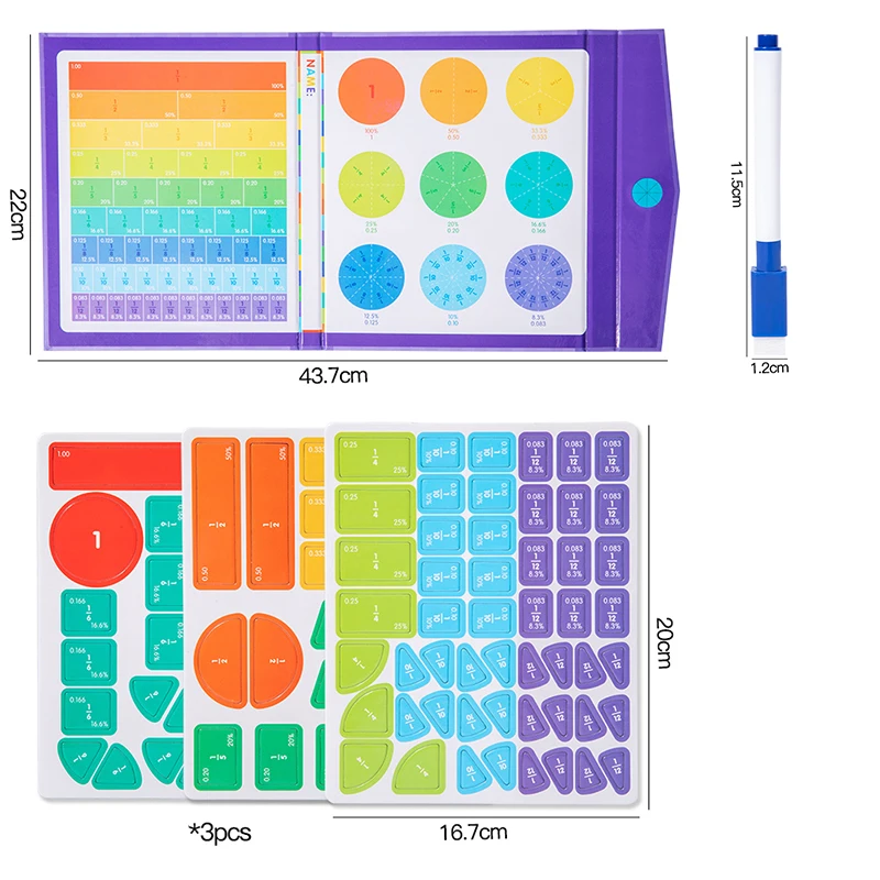 Juguete de matemáticas de aprendizaje de fracción Montessori, ayuda para enseñanza de aritmética magnética, libro de madera, juguetes educativos para niños, regalo de Navidad