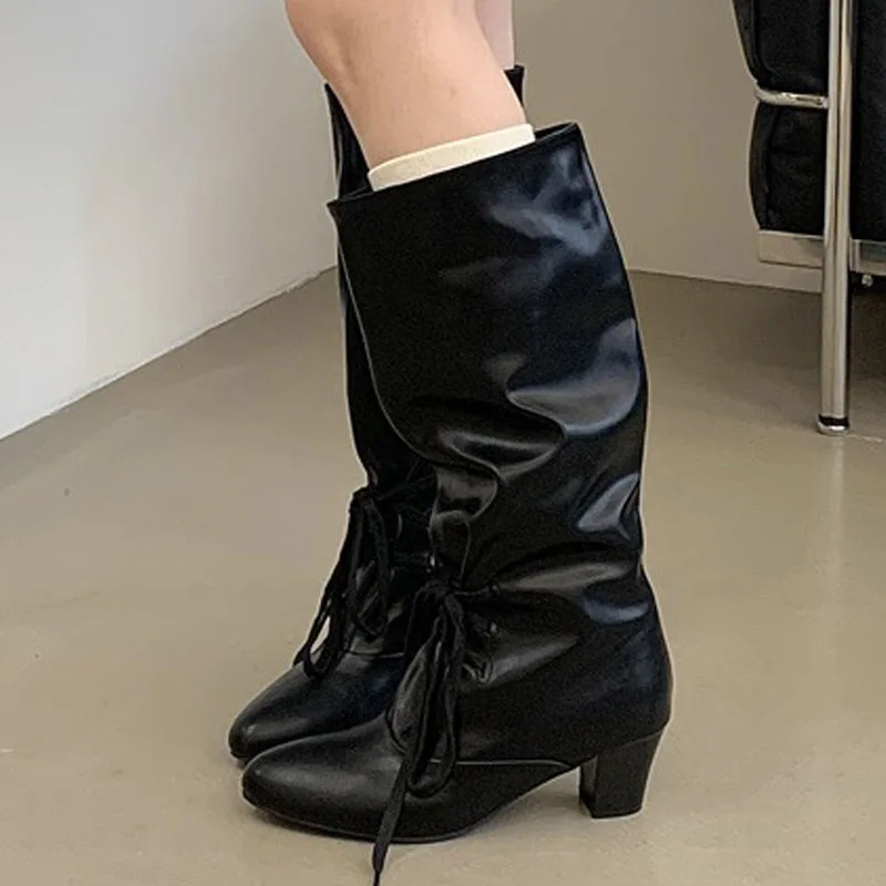 Eilyken Fashion Winter Knee-High Boots Woman Round Toe Square Heels Shoes Designer Lace-up Long Modern Ladies Booties image 4
