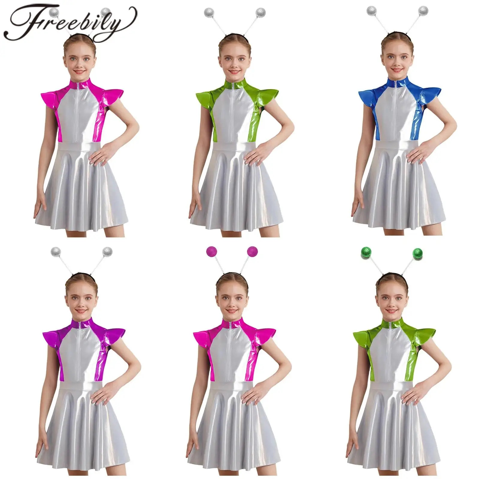 

Girls Outer Space Role Play Cutie Costume Alien Fancy Dress Cosplay Halloween Carnival Costume Set Outfit with Hair Hoop