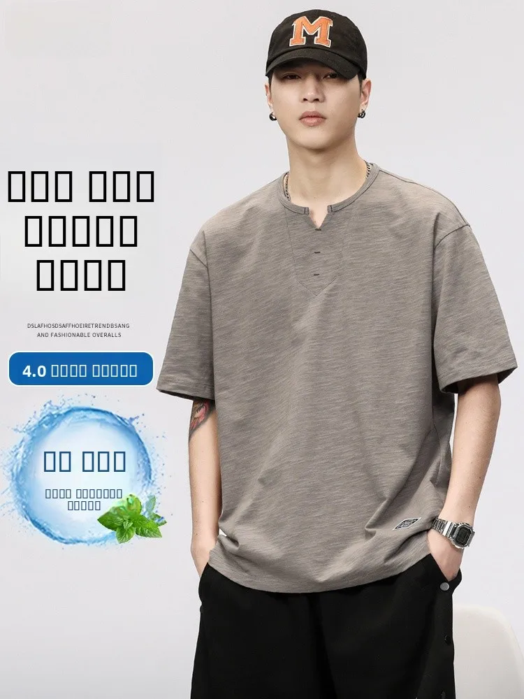 

Loose Fit Linen ort Sve T-irt Men's Summer Ice Silk Qui Dry f Sve Henry Collar Cotton Linen Top Youth Faion