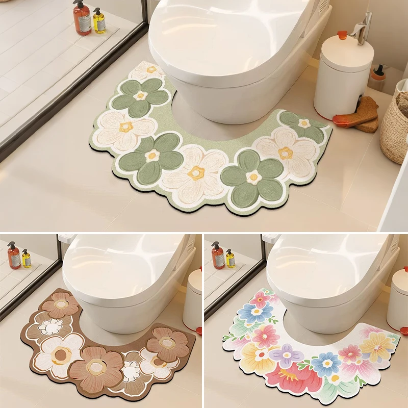 New Vintage Floral Toilet Rug Diatomite Super Water Absorbent U Shape Bath Mat with Anti-Slip Rubber Base for Bathroom Restroom