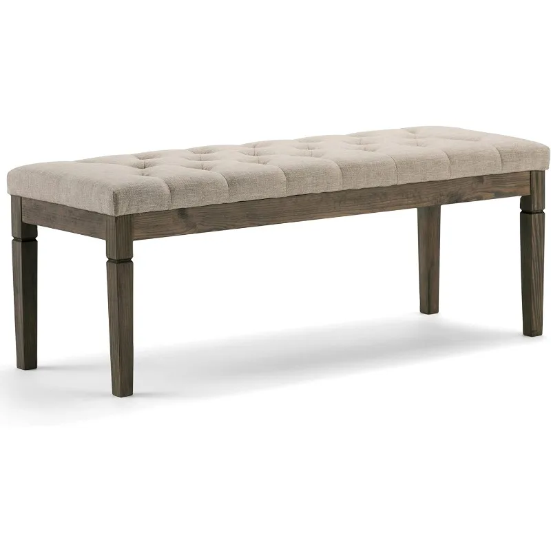 Waverly 48 Inch Wide Traditional Rectangle Tufted Ottoman Bench in Natural Linen Look Fabric, For the Living Room and Bedroom