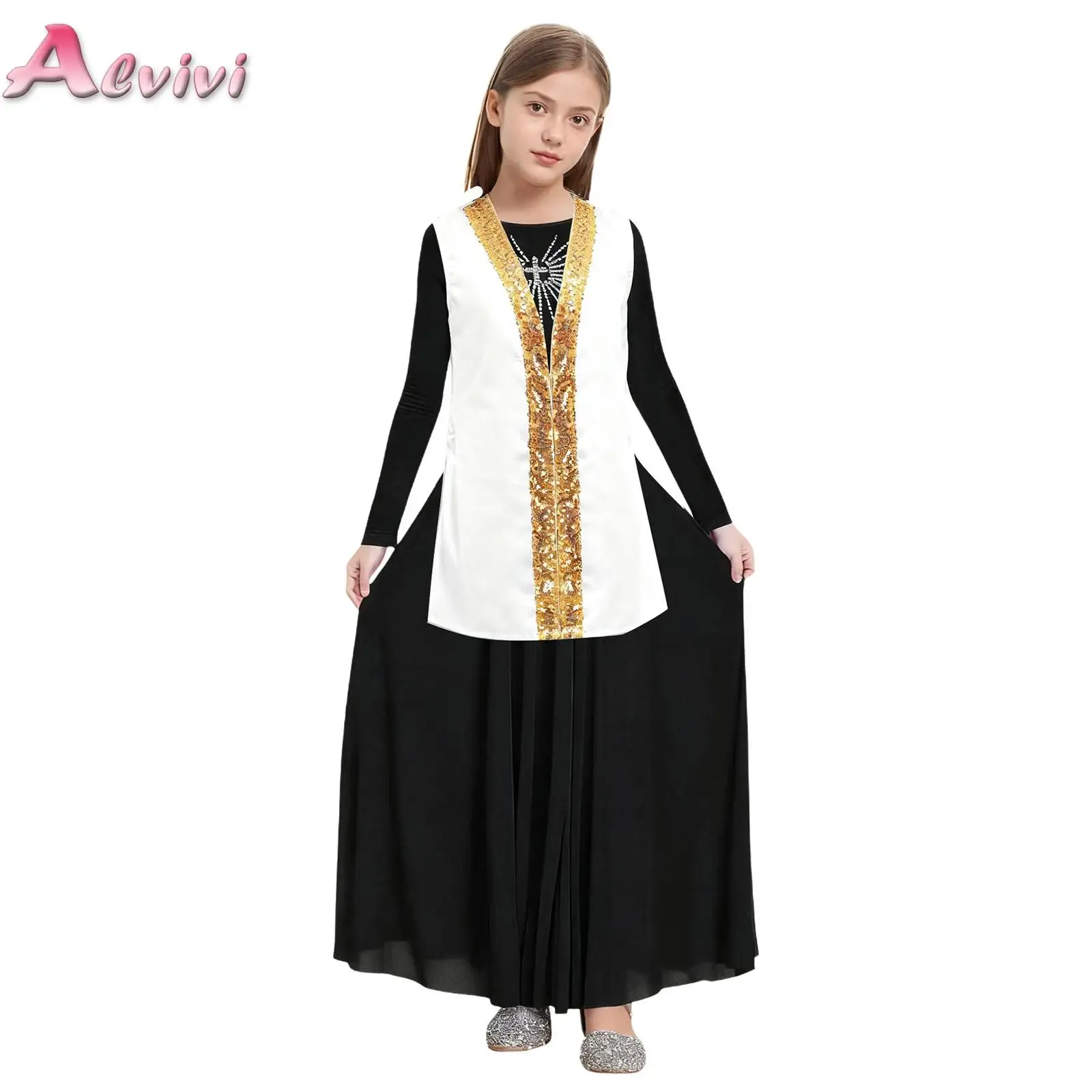 

Kid Girl Worship Praise Dress Dance Outfit Long Sleeve Lyrical Liturgical Dance Dress+Church Choir Robe Ballroom Dancing Costume