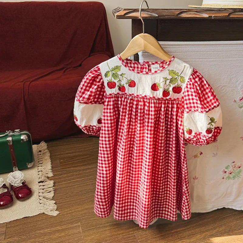 Children's Clothing Bubble Sleeves Strawberry Print Contrasting Color Girls Dress 26 Summer Plaid Loose Children's Dress