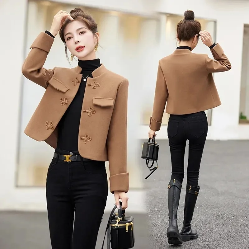 

New Chinese Style Woolen Coat With Button Closure for Women Short Style 2024 Spring Autumn New Design Small and Fashionable top