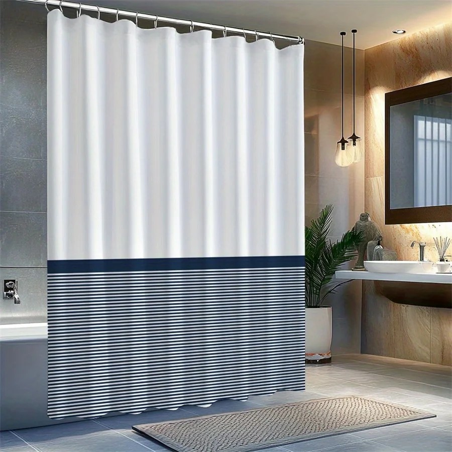

Navy Blue and White Stripe Shower Curtain Modern Bathroom Decor Two Tone Design Waterproof Bath Curtain Home Accessory