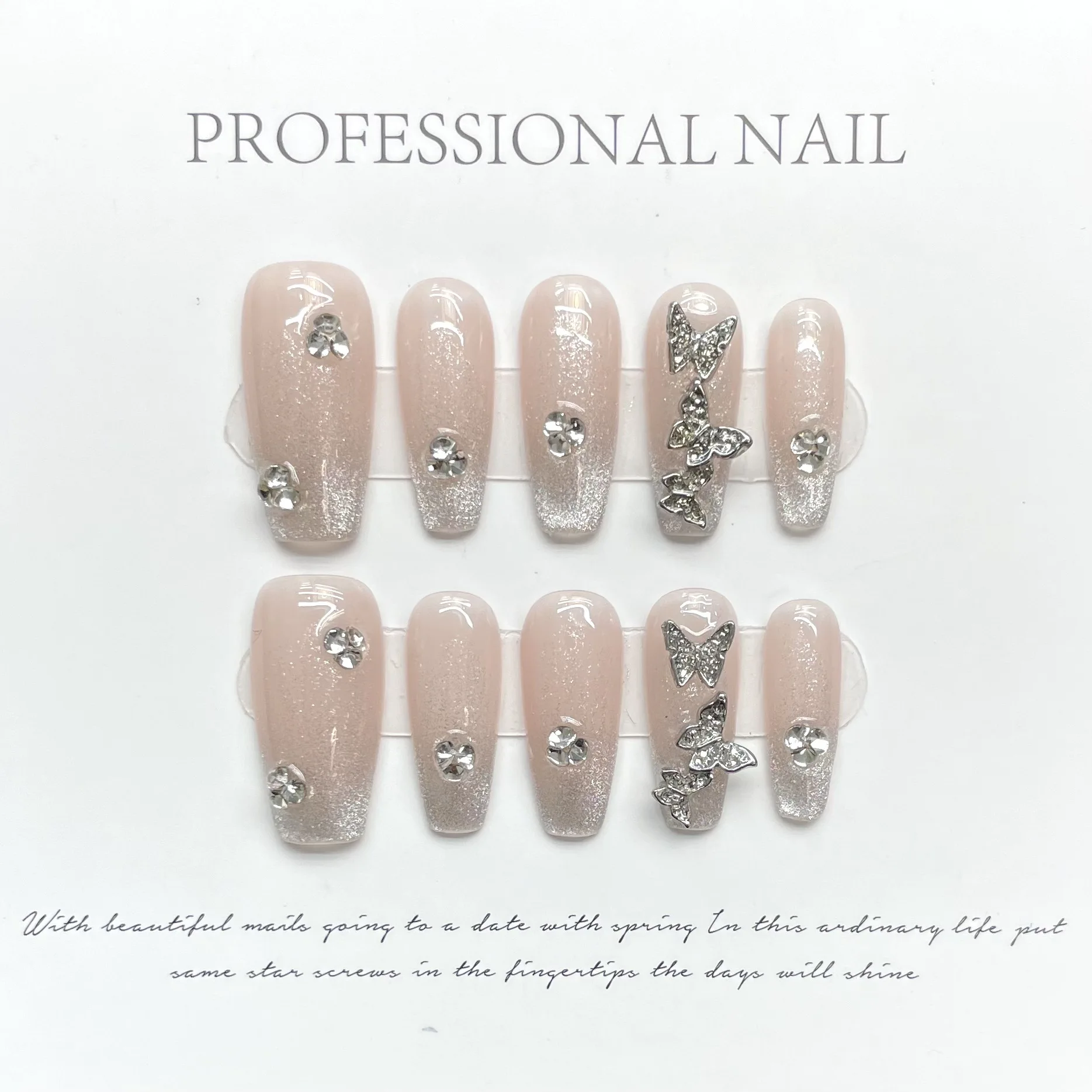 Handmade Press on Nails 3D Crystal Design French Fake Nails Women Girl Wearable Shiny Rhinestone Cat Eye Almond False Nails