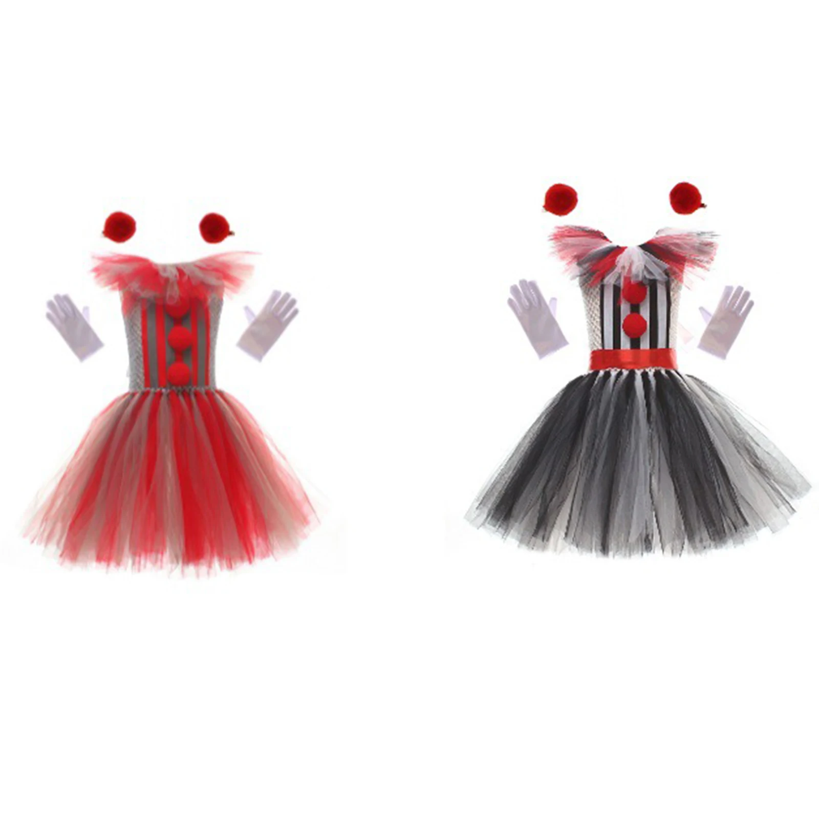 

Kids Girl’s Clown Costume, Sleeveless Tulle Dress with Hair Clips Gloves Collar Halloween Cosplay Costume