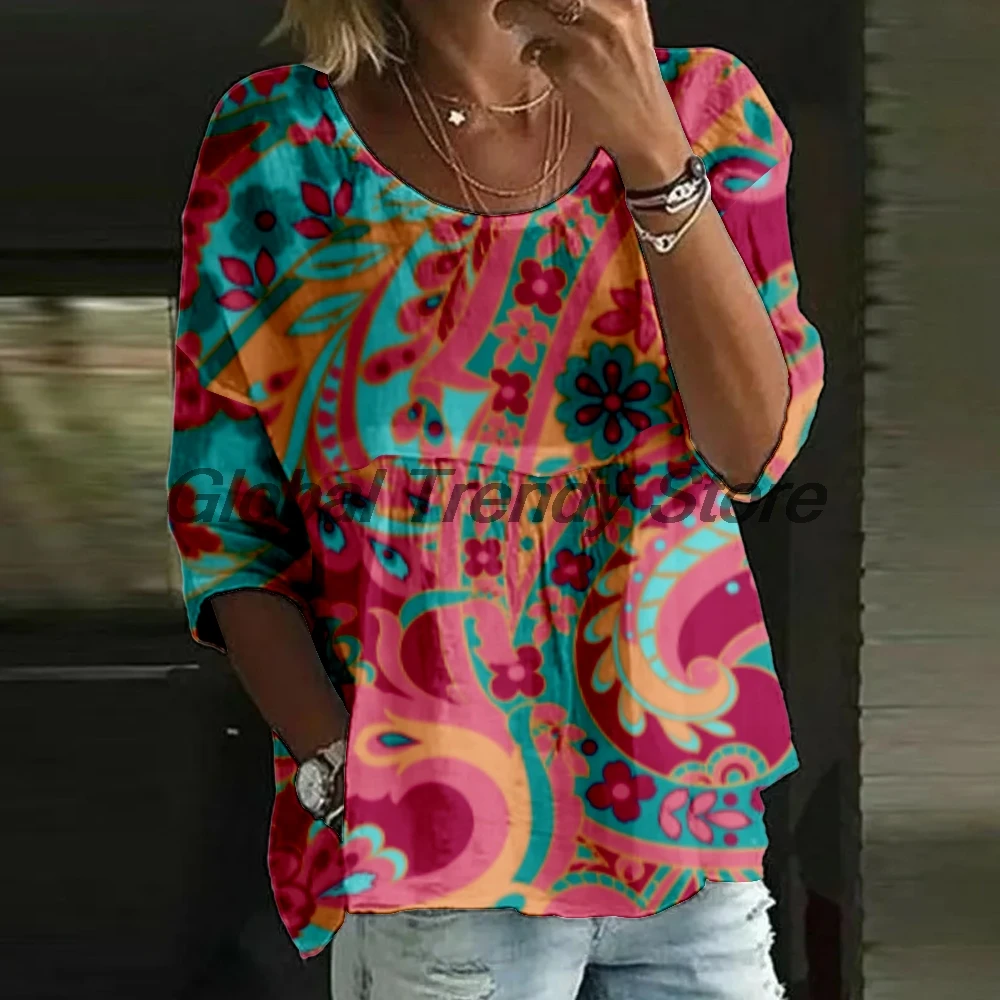 

Floral Print 3/4 Sleeve Blouse Women's Loose Fit Crew Neck Tunic Tops Lady's Daily Top Shirts 3D Polyester Clothes