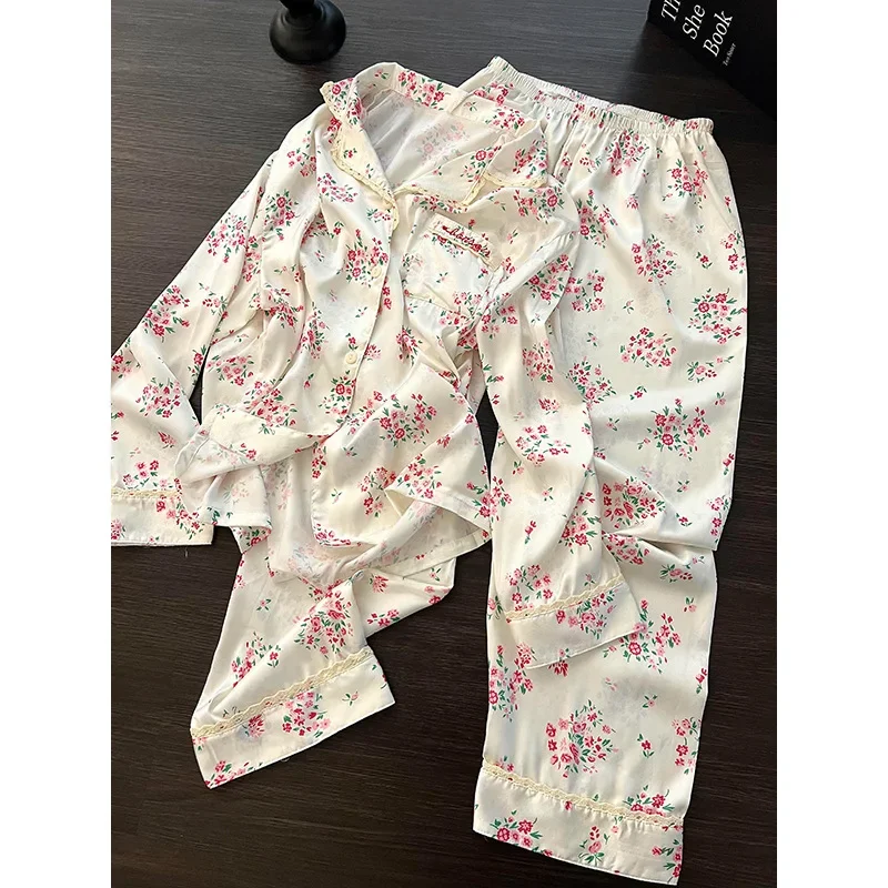 

Осенняя новая пижама Mujer, домашняя одежда, пижамы с цветочным принтом, роскошная одежда для сна, женские атласные топы, брюки, пижамы, женская одежда, ночное белье