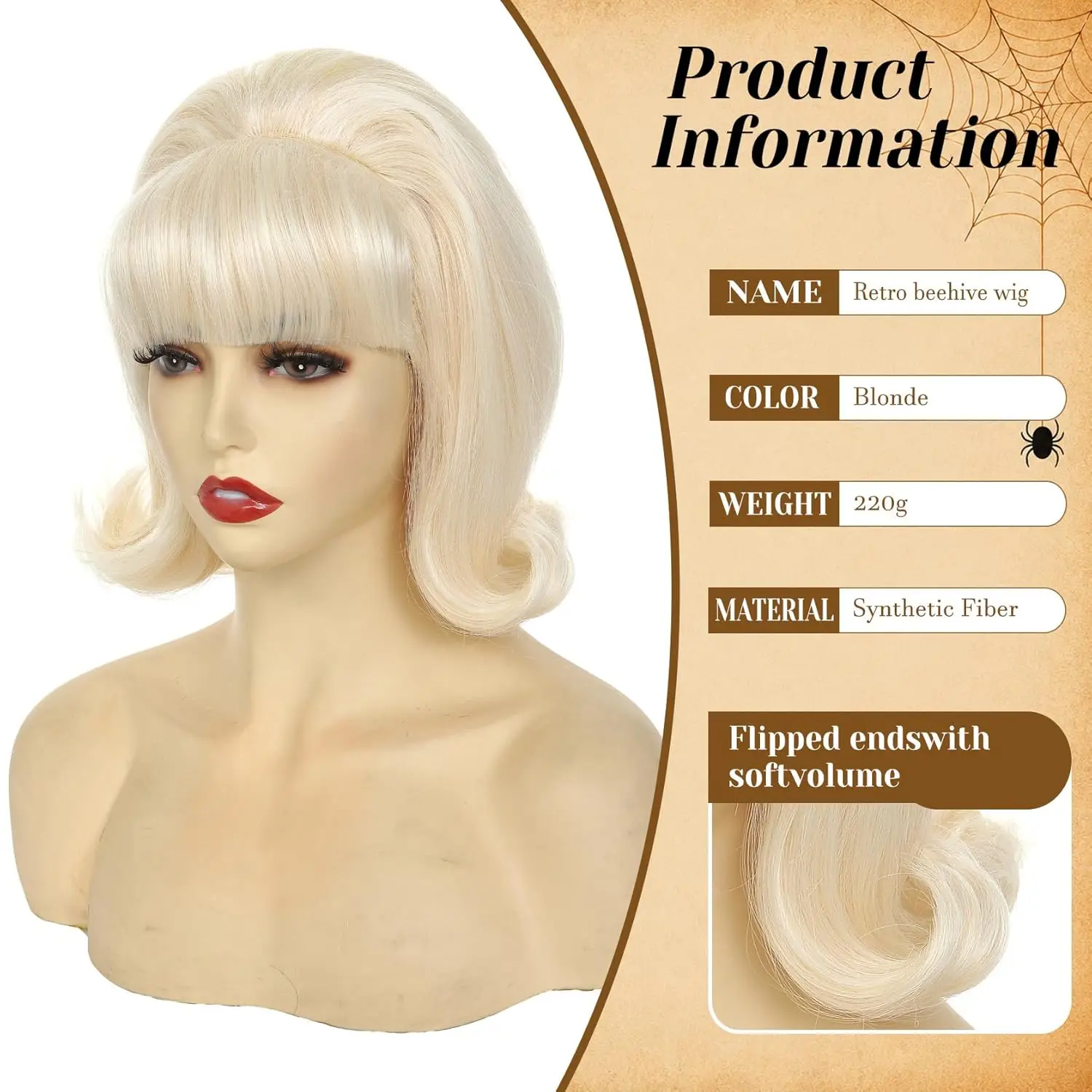 HAIRJOY Kunsthaar-Perücke, kurzer Bob mit Pony für Damen, 60er- und 70er-Jahre-Retro-Bienenstock-Bouffant-Perücken, Vintage-Kostümperücke für Halloween – Detail 7