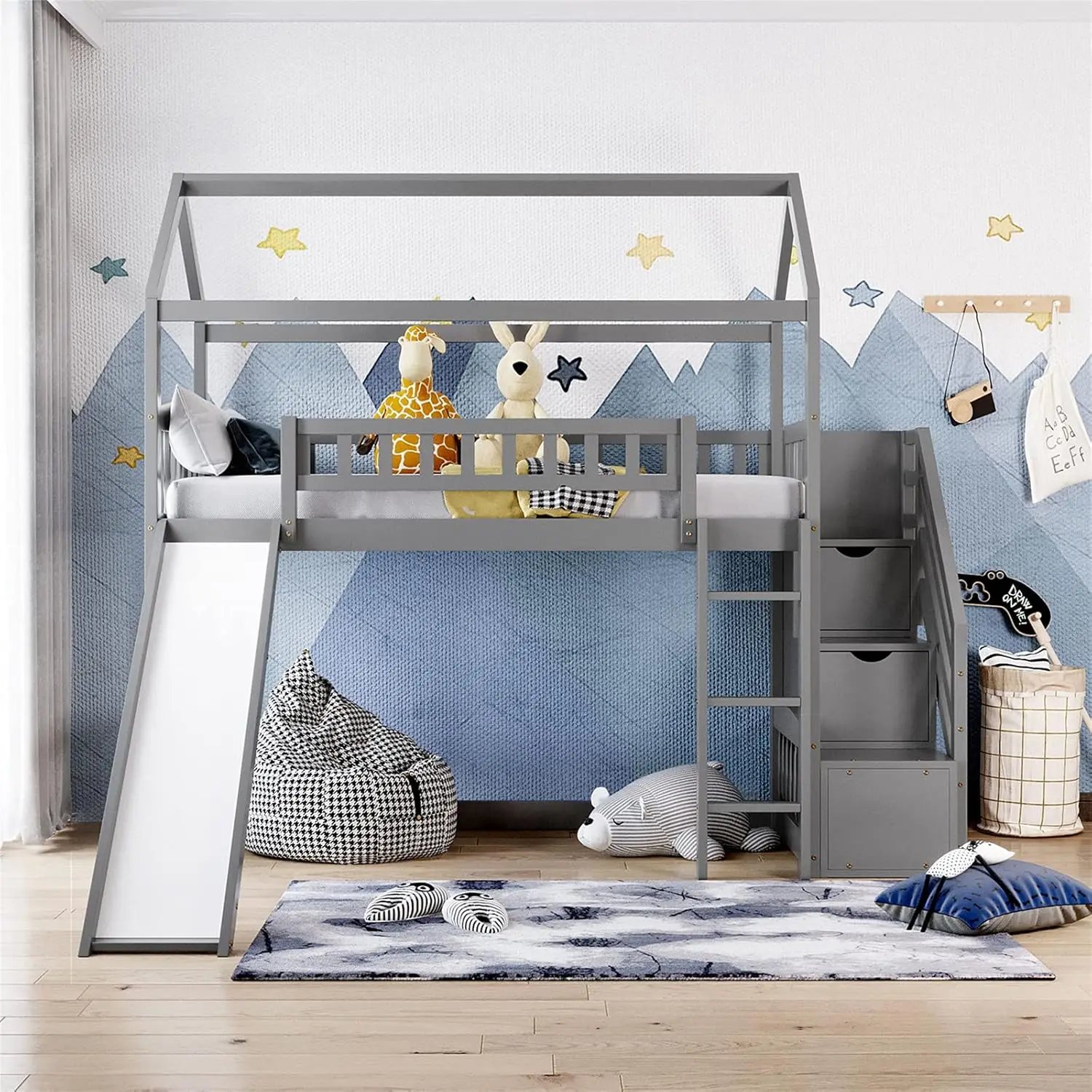 

Harper & Bright Designs Loft Bed With Slide, House Loft Beds Twin Size With Step Storage Drawers Stairway Playhouse Bed For