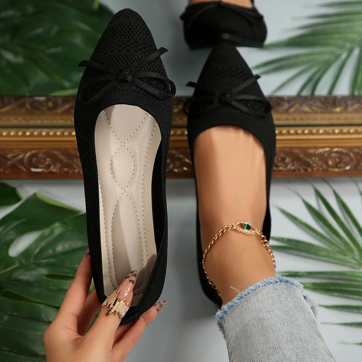 Pointed Bow Flying Flat Shoes Women's 2025 New Summer Casual Bean Shoes Knitted Soft Sole Knitted Women's Shoes Large Size 43