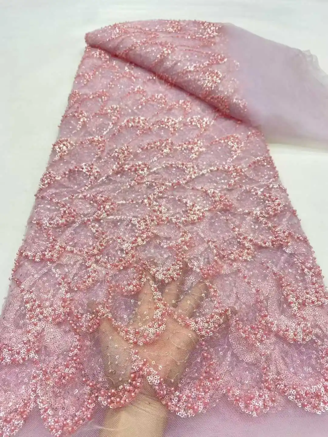 Luxurious African Beaded Net Mesh Lace Fabric 2025 Sequins French Tulle Lace Fabric African for Nigerian Wedding Party Dresses