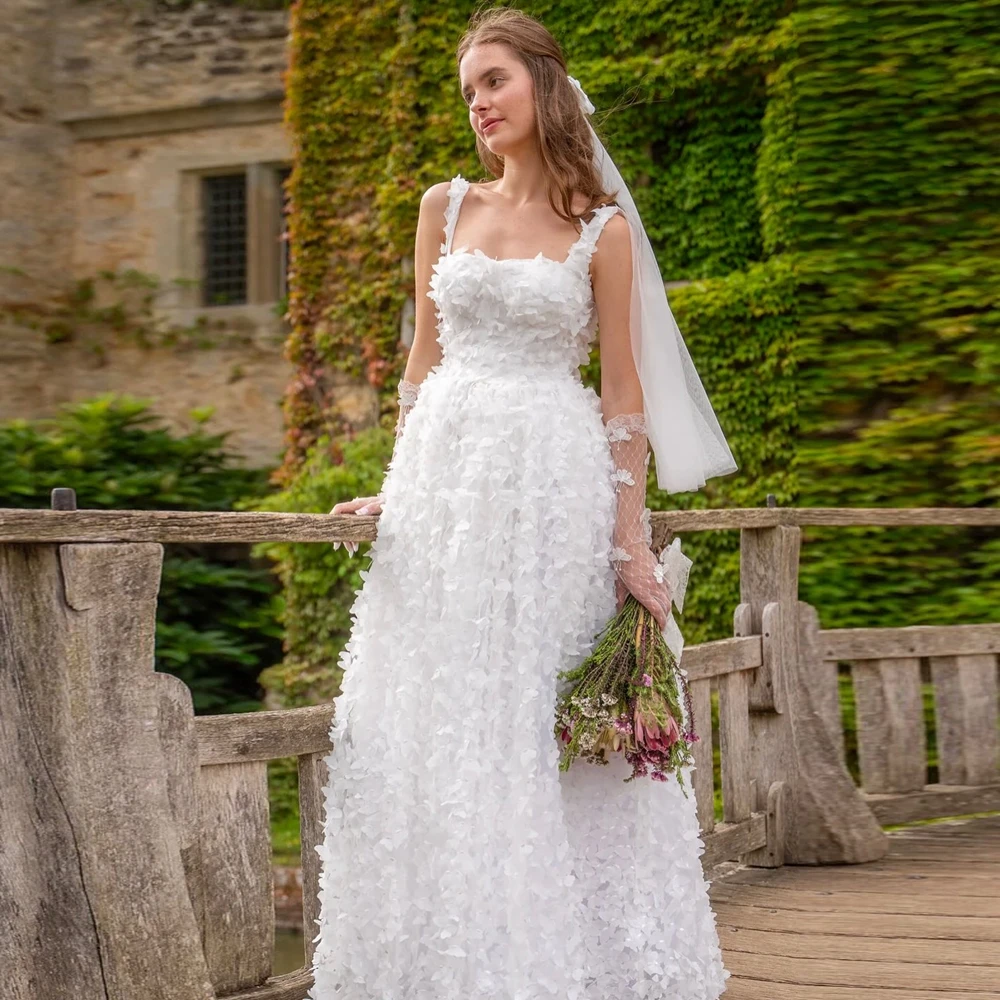 

Luxury 3D Floral Applique Lace Bridal Dresses No Gloves Pretty Flowers Mesh Long Wedding Party Gown Custom made Prom Dress