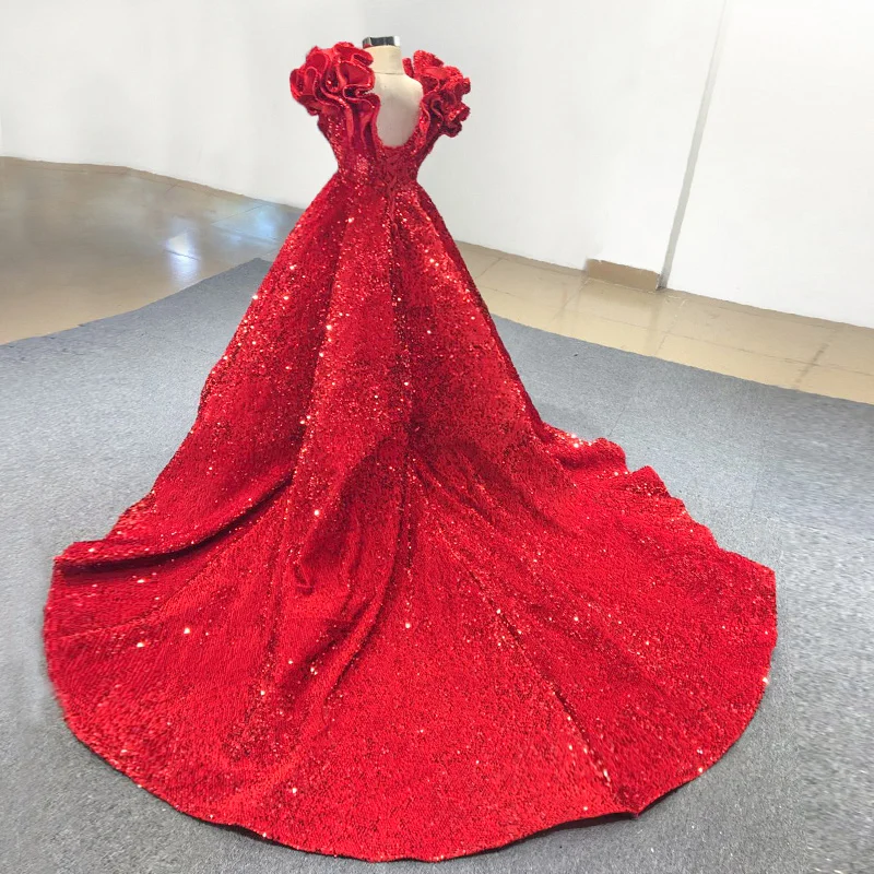 Rote Blume Mädchen Kleider Für Hochzeiten Ballkleid V-ausschnitt Kappen-hülsen Pailletten Sparkle Lange Mädchen Pageant Kleider Kleine Kinder Baby