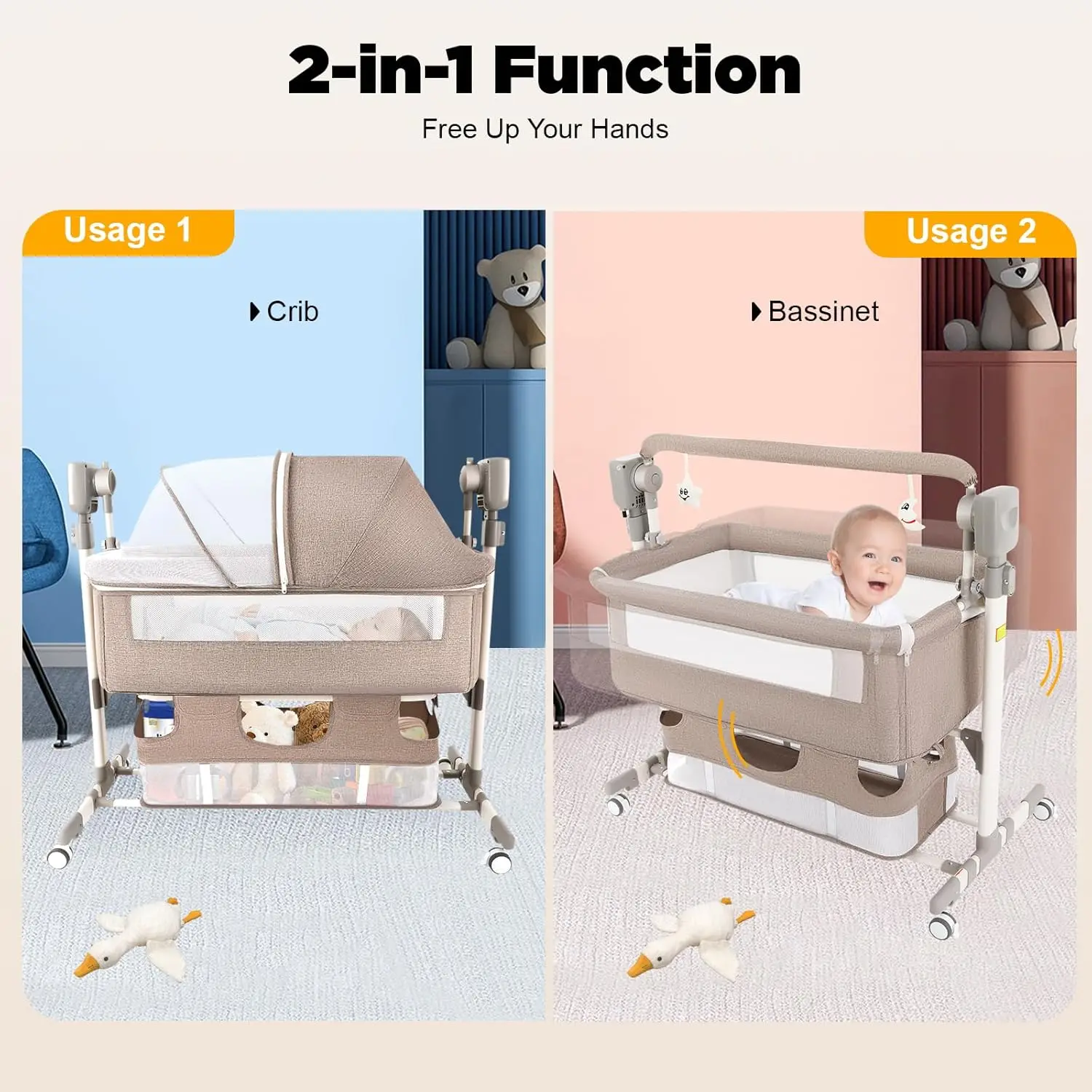 Berço Elétrico Inteligente para Bebês com Música, Berço Automático com 3 Velocidades de Temporização e 5 Velocidades de Oscilação, Cama Portátil para Bebês com Altura Ajustável, com Redes e Colchões