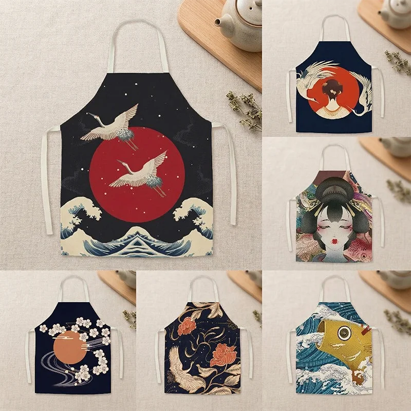 

Japanese Ukiyo-e Style Kitchen Apron for Women Men Great Wave Crane Printed Linen Cooking Aprons Home Cleaning Tool Chef Waiter