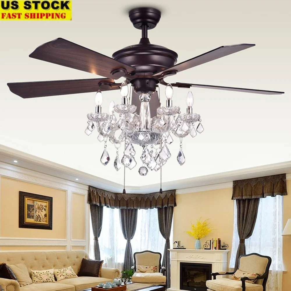 Elegant 52 Inch 5 Blade Ceiling Fan Crystal Chandelier Antique Bronze Reversible Motor Remote Control 3 Speed Pull Chain Light