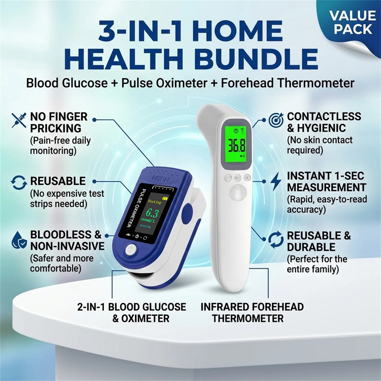 3-in-1 Non-contact Forehead Thermometer Finger Pulse Oximeter Blood Glucose Meter - Blood Oxygen， Glucose Monitoring Device